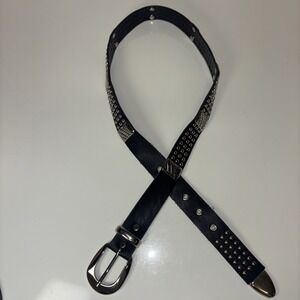 Vintage Faux Leather Belt Silver Buckle 90s Y2K  Metal Studded Belt Sz Sm Black